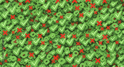green checkmarks and red crosses create a busy abstract pattern symbolizing approval denial and the concept of right or wrong decisions.