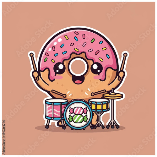 A cartoon bear playing drums with a pink frosted donut on its head, surrounded by colorful sprinkles and a vibrant drum set against a peach background. Perfect for kids' content,
