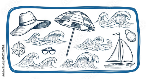 hand-drawn summer beach vacation doodles featuring nautical elements like an umbrella hat and ocean waves ideal for travel concepts.