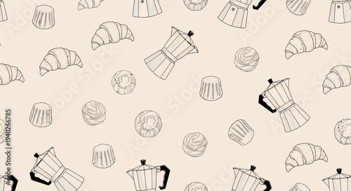 hand-drawn seamless pattern with croissants moka pots and pastries on a light background perfect for cafe themes or food packaging design