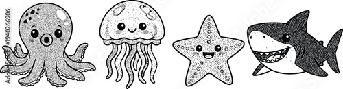 Cartoon sea creatures with smiling faces