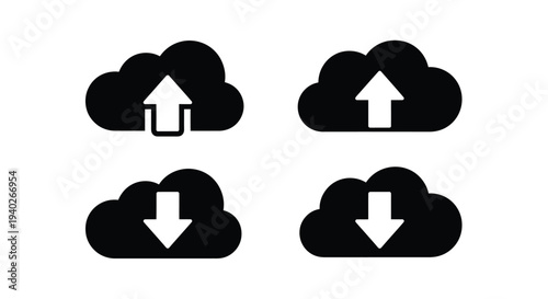 Cloud upload and download icons in a minimalist black silhouette