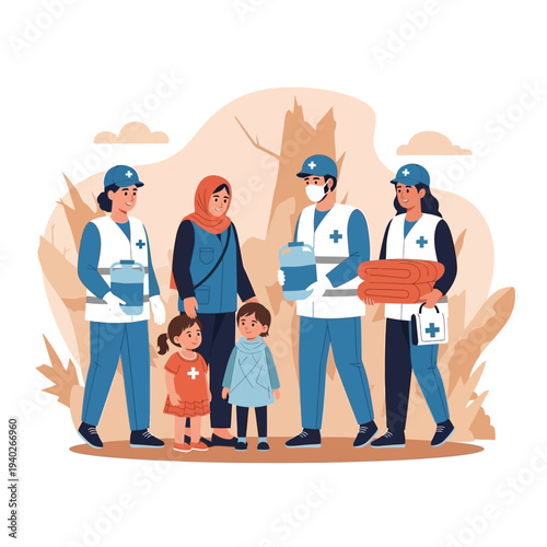 Relief workers provide aid and support to a family