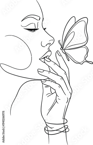 Woman with butterfly a whimsical line drawing portrait