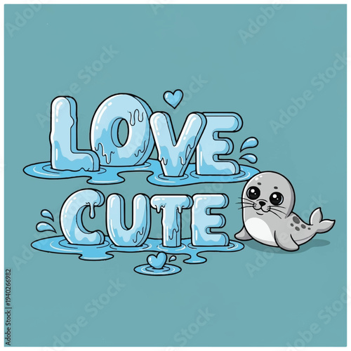 A cute cartoon seal character with a heart, surrounded by ice melt and the words 'LOVE CUTE' in a playful, icy font on a teal background. Perfect for greeting cards, social media posts, and
