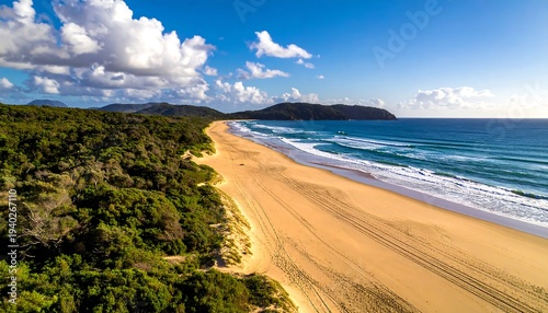 Idyllic Beach Scene - Pristine Sands and Lush Greenery.