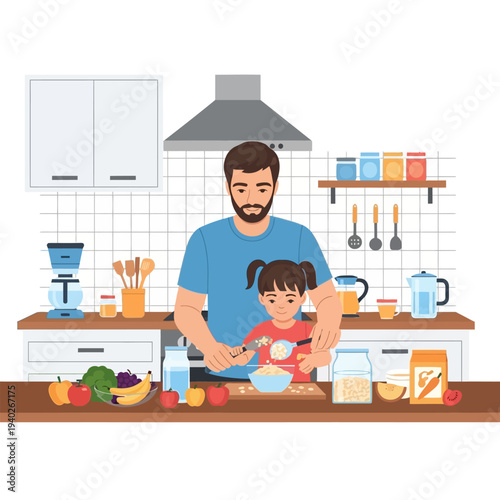 A father and daughter cooking porridge while standing at kitchen