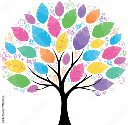 Colorful abstract tree with vibrant leaves isolated on white background, decorative nature illustration, creative botanical design symbol concept