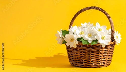 Basket of White Flowers on Yellow Background - A Cheerful Spring Scene.