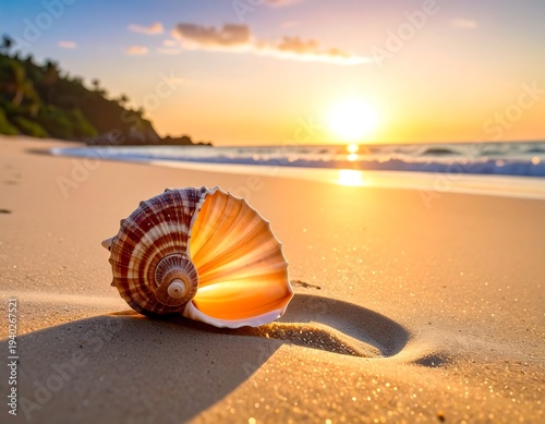 Seashell on a sandy beach at sunset, tropical paradise.