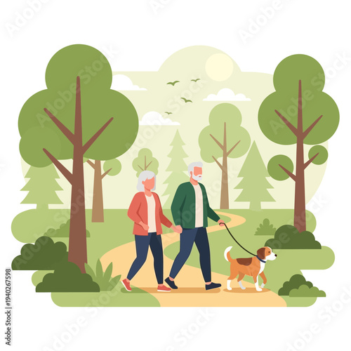 Senior couple walking their dog in a park
