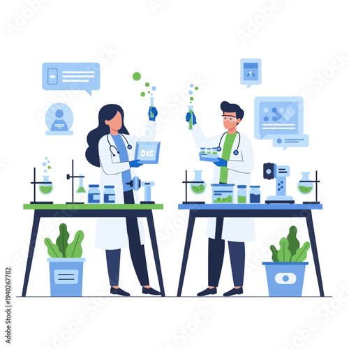 Scientist researchers working in a laboratory, conducting experiments and research