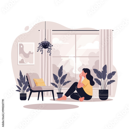 Woman alone sitting and thinking indoors near a large window