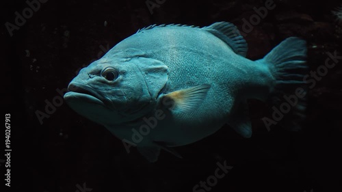 Large Blue Fish In Dark Aquarium Lighting Swimming Calmly Through Deep Water
