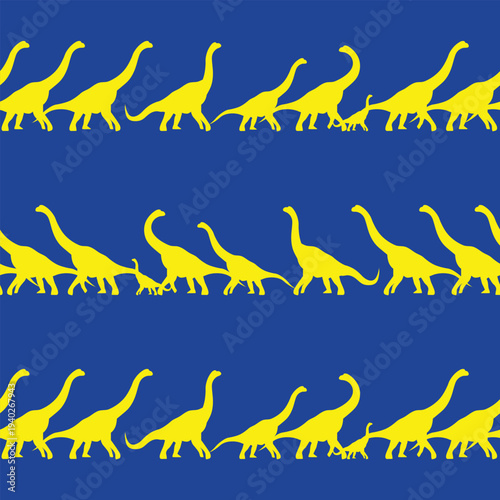 Seamless brachiosaurus dinosaur pattern with bright yellow silhouettes on dark blue background. Prehistoric repeating pattern for kids' wallpaper, nursery decor, textile and wrapping paper.
