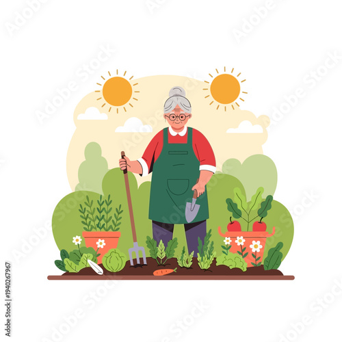 Senior woman gardener working in garden with vegetables