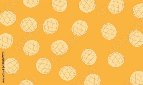 Melon Pan Doodle Seamless Pattern Background. Japanese Melon Pan Bread Seamless Pattern. Perfect for bakery packaging, textile printing, wrapping paper, wallpaper