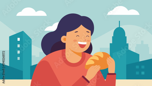 Smiling woman eating burger city park flat vector illustration