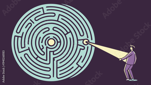Businessman looking at labyrinth searching solution concept flat vector illustration