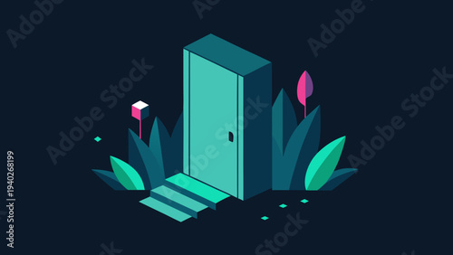 Open door with plants glowing in dark minimal vector illustration