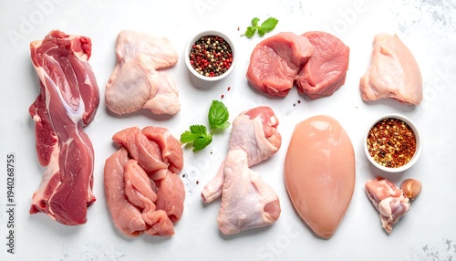Variety of Raw Meats - Chicken, Pork, Lamb, and Seasonings.