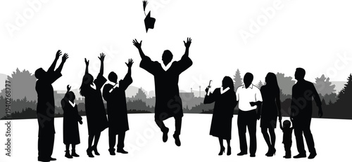 Graduation celebration 2025: diverse students throwing caps in the air, cheering with city skyline background