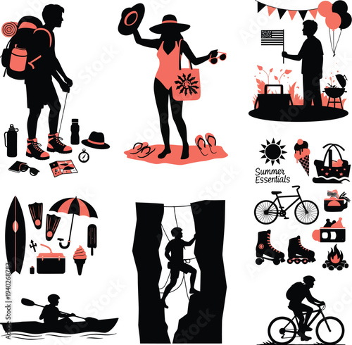 Summer Activities and Essentials Set: Hiking, Kayaking, BBQ, Cycling, and Rock Climbing