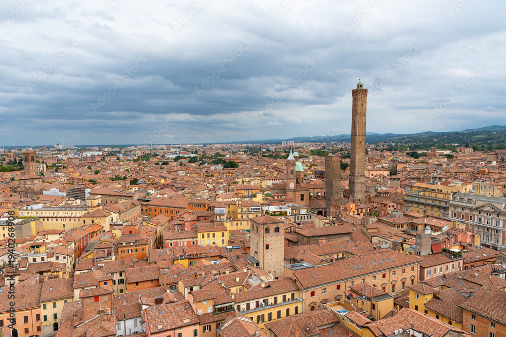 Naklejka premium Bologna view from the top of Torre Prendiparte o Coronata ((Prendiparte or Coronata Tower) with the most famous city attractions in the background