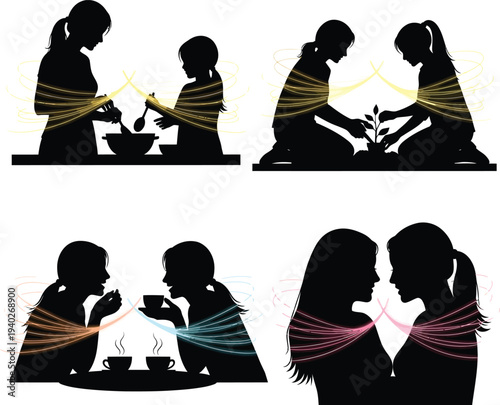 Silhouettes of mothers and daughters in different scenes, surrounded by glowing energy lines symbolizing connection and shared experiences