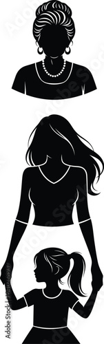 Silhouettes representing three generations of women: grandmother, mother, and daughter, connected by holding hands