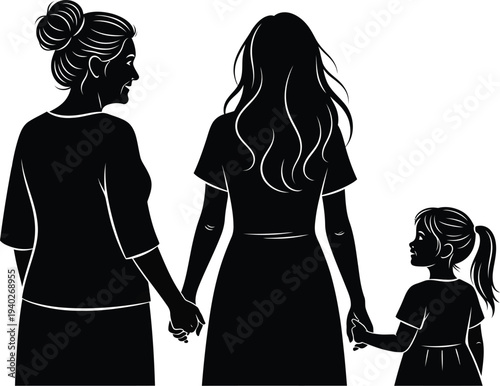 Silhouettes of three generations of women: grandmother, mother, and daughter, walking together holding hands, viewed from the back