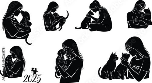 Collection of silhouettes showing women interacting lovingly with puppies and kittens, with the year 2025 visible
