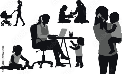 Working mother's day: silhouette of a mother balancing work and childcare, with scenes of baby care, playing with blocks, and office work