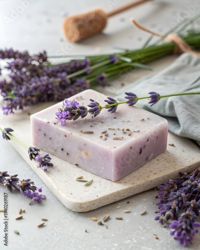 Handmade lavender soap bar with dried lavender flowers scattered around