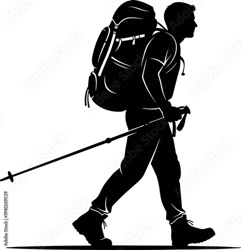 hiker silhouette, backpacker trekking, mountain hiking, outdoor adventure, trekking traveler, hiking explorer, camping journey, wilderness travel, vector silhouette
