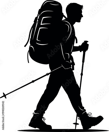 hiker silhouette, backpacker walking, trekking adventure, hiking traveler, mountain hiking, outdoor explorer, camping trekker, travel adventure, vector silhouette