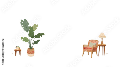 room decoration with potted ornamental plants and table lamps