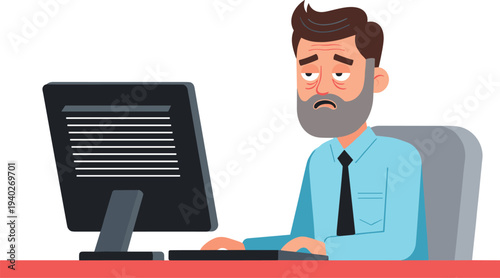 Tired office worker sitting at computer desk illustration, exhausted businessman with stress and burnout, workplace fatigue concept