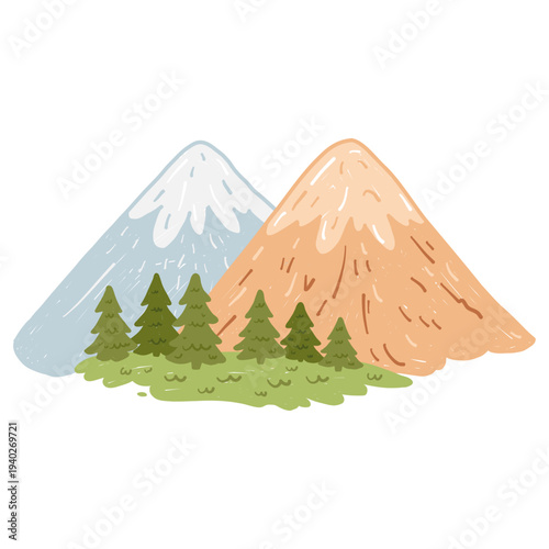 Mountain landscape with forest and snowy peaks in childlike hand drawn style