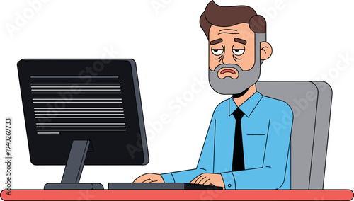 tired office worker, stressed employee, exhausted businessman, working computer, office stress, fatigue concept, burnout worker, business illustration, workplace stress