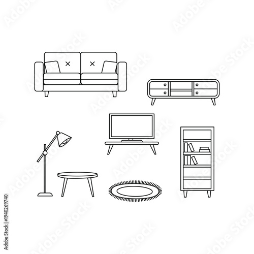 Living Room Furniture Decor Icons Line Drawing Vector