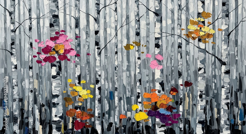 Abstract birch tree painting with colorful autumn foliage accents.