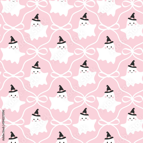 Coquette pink halloween ghosts bows pattern. Cute hand drawn spooky season pattern. Suitable for printing, wrapping paper, wallpaper, textiles, stationery, and fabrics.