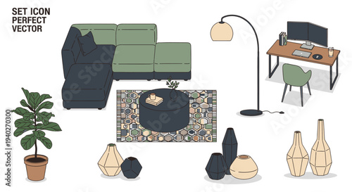 a modern interior design furniture and decor set featuring a sectional sofa home office and decorative elements