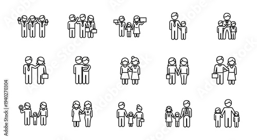 a modern line art icon set illustrating diverse family structures couples and business groups representing social relationships and community unity concepts