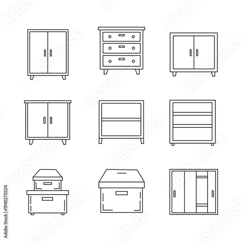 Storage Furniture Cabinet Icons Line Drawing Vector