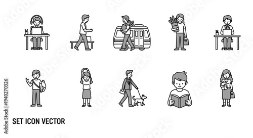 a set of illustrations depicting diverse people engaging in various daily routines and common lifestyle activities.
