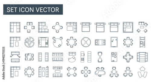a set of top view furniture layout icons for architectural floor plans ideal for interior design and home planning projects.