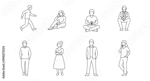 a set of diverse line art people illustrations showcasing various poses and daily activities perfect for user interface design and infographics