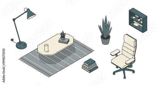 isometric illustration of a modern home office setup with minimalist furniture and plants perfect for interior design concepts